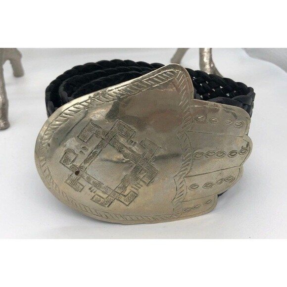BELT Unique Black Braided Leather Silver Embossed 4 1/4\